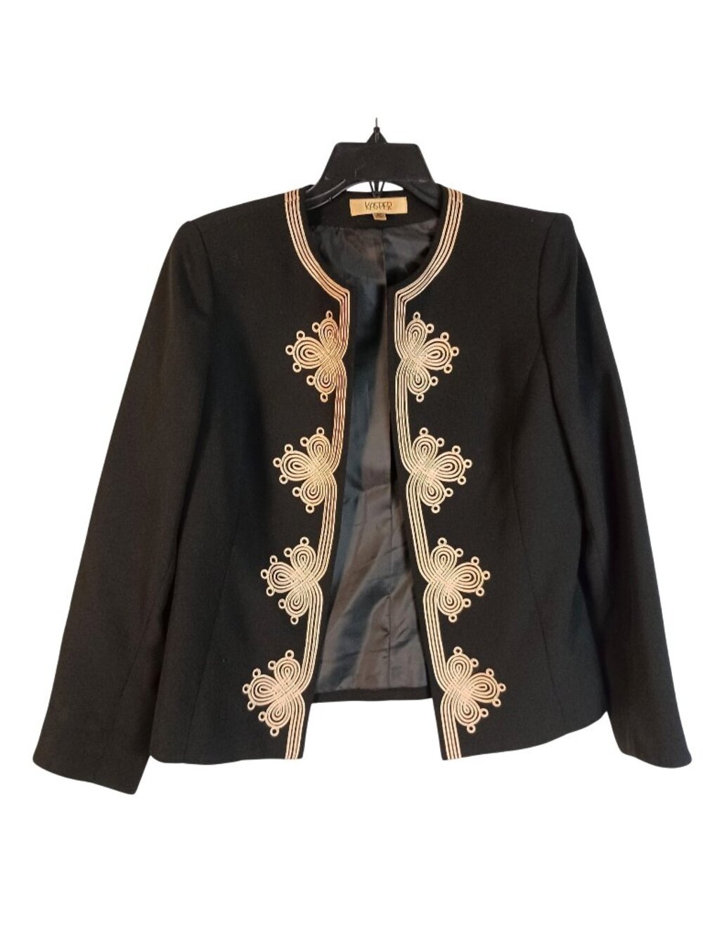 Kasper Black Crepe Open Front Blazer Womens 8P Petite Gold Soutache Trim